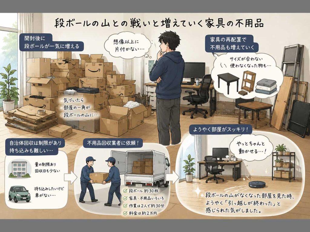 引っ越し後の社宅兼事務所でロボット掃除機を使えるように片付けている様子