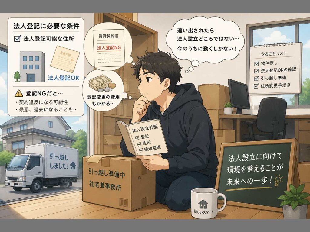 法人登記と賃貸契約を確認し、社宅兼事務所への引っ越しを決める様子を描いたイラスト