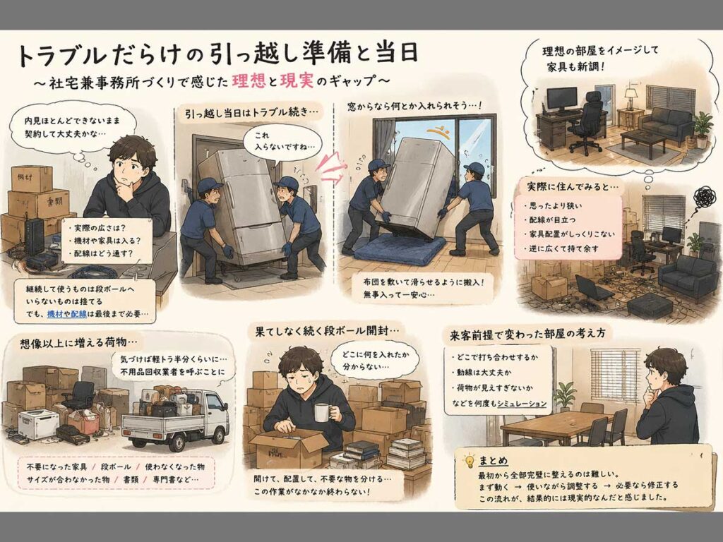 社宅兼事務所への引っ越し準備と当日のトラブルを描いたイラスト