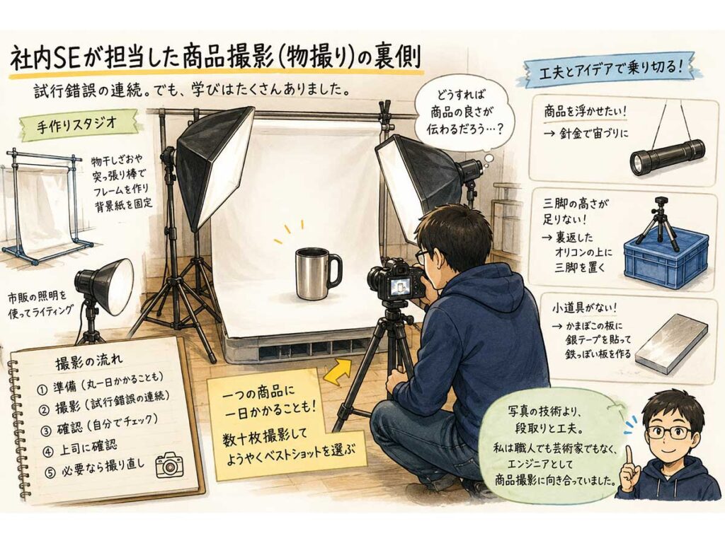 社内SEが手作り撮影スタジオで工夫しながら商品撮影を行う様子を描いたイラスト。